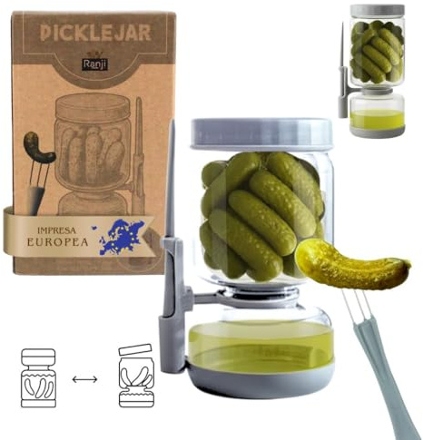 Ranji - Bote para Aceitunas y Encurtidos con Escurridor (900ml) – Tarro de Cristal Reversible con Tenedor Incluido – Hermético, sin BPA, Fácil de Limpiar – Ideal para Regalo