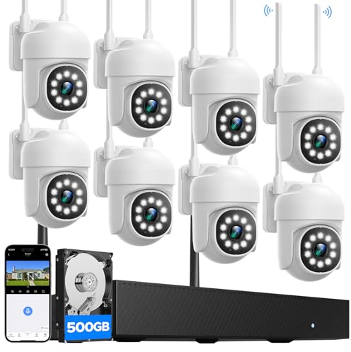Camcamp Überwachungskamera Set, aussen Kamera überwachung WLAN 2.4&5G, 24/7 Aufnahme, 16CH NVR und 500GB, Automatische Verfolgung, Farbe Nachtsicht, 2-Wege Audio, 8er PTZ Kameras videoüberwachung kit