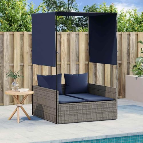 QUAHEAS Polyrattan Doppel-Sonnenliege mit Dach und Vorhängen, Grau, UV-beständig, 118x110x187 cm, für Garten, Terrasse, Pool, inklusive Kissen