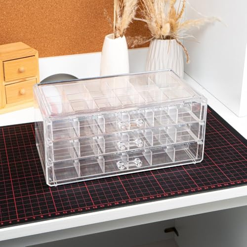 Ideen mit Herz Caja de clasificación transparente para piezas pequeñas | Caja de almacenamiento con 72 compartimentos en 3 cajones | Caja organizadora ideal para manualidades
