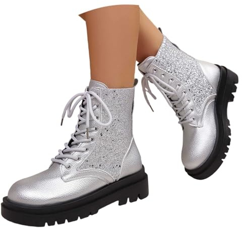 Generisch Damen Pailletten Stiefeletten Disco Glitzer Stiefel Flach Combat Boots Punk Schnürstiefeletten Metallfarbe Mid-Calf Biker Boots Karneval Kostüm Schnürstiefel Mittelere Winterstiefel