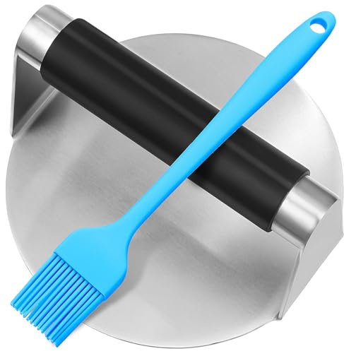 SHINEOFI Presse à Hamburger Manuelle Ronde en Acier Inoxydable avec Poignée en Silicone Noir 1 Pièce Pinceau à Badigeonner en Silicone Ustensile de Barbecue Léger et Couleur Aléatoire