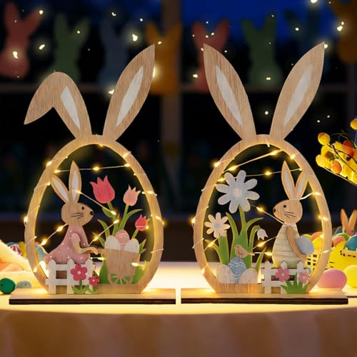 YOUYIKE 2 pcs Coniglio Pasquale Legno, LED Leggero Decorazioni Pasquali Pasquali Centrotavola Casa per La Tavola, Idee Regalo Pensieri Gadget Pasquali Coniglietti