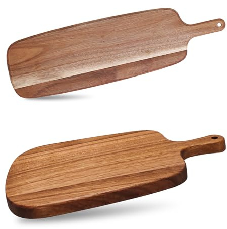 2 PCS Wooden Chopping Board with Handle, 41x12cm Acacia Wood Paddle Cutting Boards 33x20cm Serving Tray Bread Board Oil-Finished for Meat Fruits Dessert