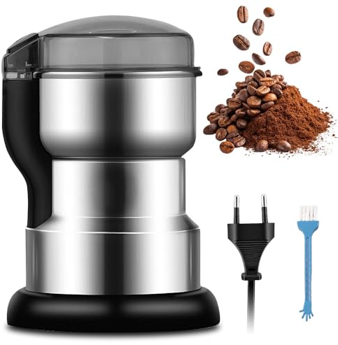 Kaffeemühle Elektrisch, Tragbare Gewürzmühle Elektrisch mit 4 Edelstahlklingen, Kleine Bürste und Transparenter Deckel, Ein-Knopf-Bedienung, Getreidemühle für Kaffeebohnen, Nüsse, Getreide, Gewürze Si