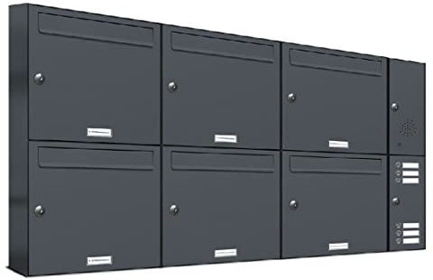 AL Briefkastensysteme 6er Briefkastenanlage mit Klingel Anthrazit Grau RAL 7016, Premium Briefkasten DIN A4, 6 Fach Postkasten modern Aufputz