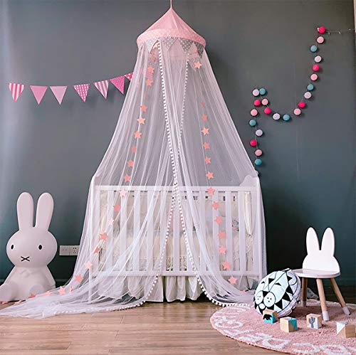 Pabellón de la cama de mosquitero para bebé con estrellas Banderines Carpas colgantes lindas Malla de cortinas Decoración para niños Habitación para niños Princesa Cuna bebé, Rosa