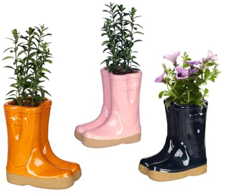 Dibor 3 Ceramic Plant Pots Garden Wellington Boot Flower Pot Planter Set | Ceramic, Wellington Boot Planter, Plant Pot, Flower Pot, Planter, Drainage Hole, Removable Stopper