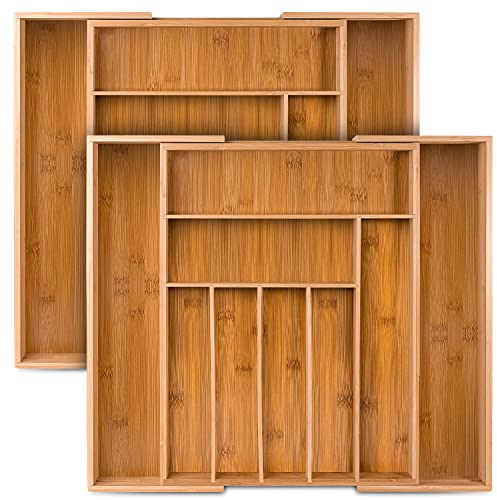 Loco Bird Besteckkasten für Schubladen aus Bambus – Ausziehbar bis zu 9 Fächern - Nützlicher Besteckeinsatz fur Küchen - Schubladeneinsatz für Küchenschubladen - Besteckkasten aus Holz