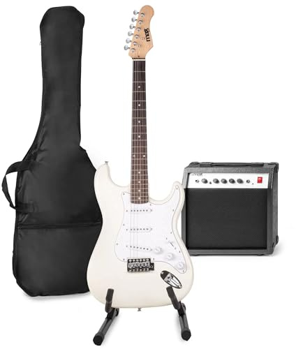 MAX GigKit kit completo de guitarra eléctrica blanco con amplificador de 40W, soporte, funda, afinador digital, cable de instrumento, correa ajustable, púas y cuerdas de repuesto incluidas