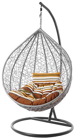 Kideo® Komplettset: großer Hängesessel mit Gestell & Kissen, Lounge Möbel, Poly-Rattan, XXL, grau (Kissen: gestreift Chesterstepp (8460 Retro Stripes))