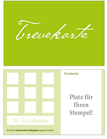 Premium neutrale Bonuskarten 500 Stk. Hellgrün mit 10 Stempelfeldern. Treuekarten für Gastronomie, Weinhandel, Getränkehandel, Freizeit, Feier, Friseur Nagelstudio Wellness Podologie Praxis
