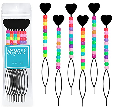 Hoyols Lot de 6 outils de perlage rapide pour cheveux avec perles de poney colorées pour queues de cheval magiques pour chargement de perles tresses queues de cheval pour enfants filles noir