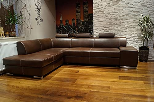 Quattro Meble Echtleder Ecksofa London II 3z 200 x 275 (Ecke Links) Glanz dunkelbraunes Echtleder mit Ziernaht Sofa Couch mit Bettfunktion und Bettkasten Echt Leder Eck Couch