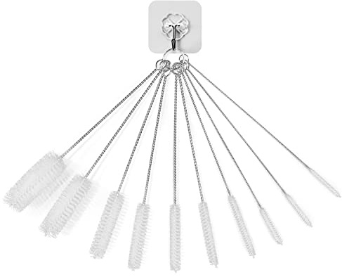 Lot de 10 brosses de Nettoyage en Nylon, 1 Crochet pour Petite Brosse de Nettoyage de Tube, Nettoyeur de Tube de Bouteille en Nylon pour Nettoyer Les pailles, Les Tubes de Bouteille, Les becs (Blanc)