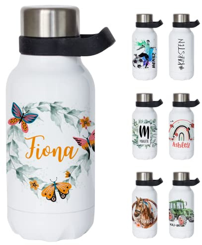 GRAZDesign Thermosflasche mit Henkel - Trinkflasche personalisiert mit Namen, auslaufsicher, Wasserflasche BPA-frei, Edelstahl, Kohlensäure geeignet (Schmetterlinge, 380ml)