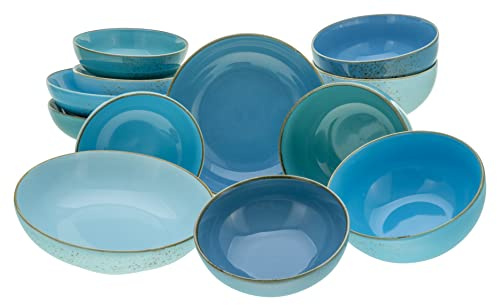 Creatable, 23413, Serie Nature Collection AQUA Bowl Set, 12-teiliges Geschirrset für 4 Personen, Bowl Set aus Steinzeug, spülmaschinen- und mikrowellengeeignet, Qualitätsproduktion