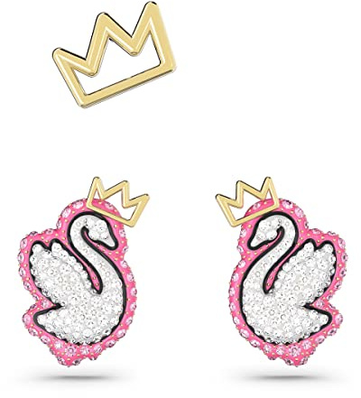 Swarovski Juego de 3 pendientes de tuerca con diseño de cisne, acabado dorado, One Size, Latón, Sin piedra preciosa