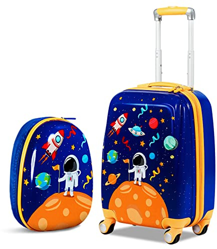 GYMAX Trolley Per Bambini, Set di Valigia & Zaino Scuola Carino (12+18, Astronauta 1)