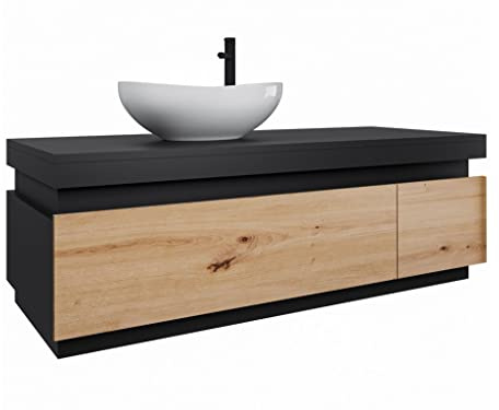 ML Furniture Badezimmerschrank Seli 110x40x45cm, Badezimmermöbel, Unterschrank, Badschrank Farbe: Schwarz/Eiche