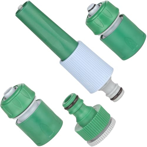 Hardys 4pc Garden Hose Connector & Nozzle Set - 2 End Fittings, 8-Setting Spray Nozzle, 1/2 to 3/4 Tap to Hose Pipe Connector - Garden Hosepipe Attachments Set, Green, Grey