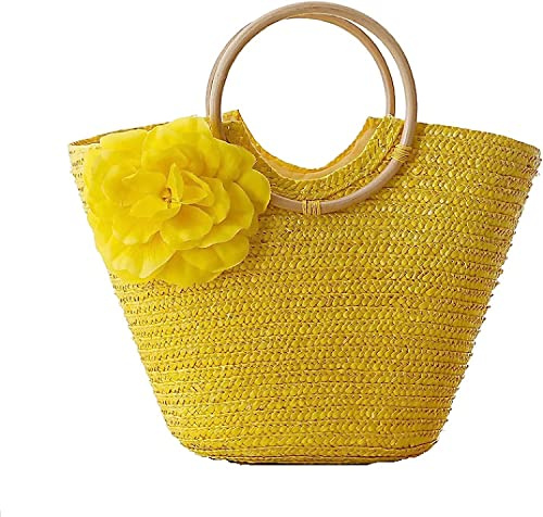 Sac à main en paille pour femme - Sac fourre-tout fait à la main - Grand sac à main en paille - Sac de plage en rotin tissé, jaune