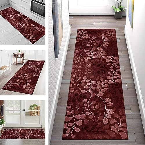 Teppich Läufer Lang Flur Küche rutschfest waschbar Korridor Tepiche Küchenläufer 80X150CM Rot Blumen Teppichläufer Matte Meterware Kücheteppich für Schlafzimmer Wohnzimmer Flurmatten Breit 40-120cm