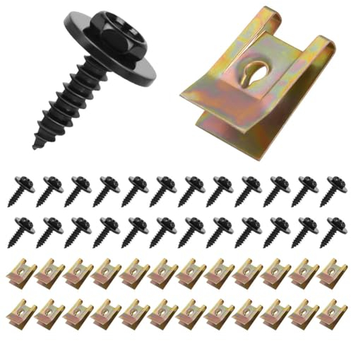 Adiwo Screw and Nut Clip Kit, 48pcs Fixed Auto Car Body Fender Screws Fixing Bolts, Metal U-Shaped Fastening Clamps, Car Body Undertray Fender Screw for Car Wheel Arch Cover Undertray Fender