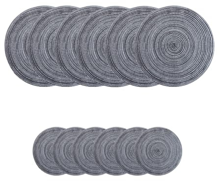 Soulnioi Cotton Place Mats and Coasters, Round Table Placemats, 30cm Heat Resistant Washable Mats 11cm Coasters for Kitchen, Dining Table, Set of 6 - Grey