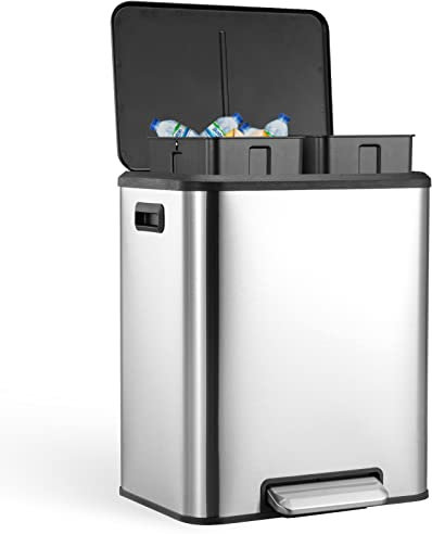 GAOMON Kitchen Dual Trash Can and Recycling Bin, 2 x 4 Gallon Stainless Steel Trash Can, 30 Liter, Removable Inner Bin and Soft Close Lid, Suitable for Home, Office, Business - Silver