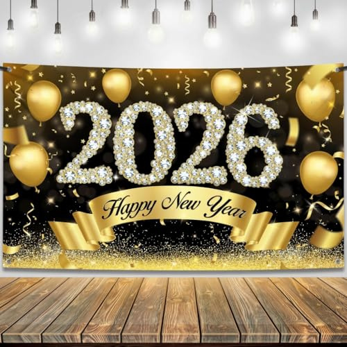 Silvester Deko 2026 Neujahrs Banner,Extra Große Stoff Happy New Year Hintergrund Wanddekoration,Neujahrsdekoration,2026 Silvesterparty Dekoration