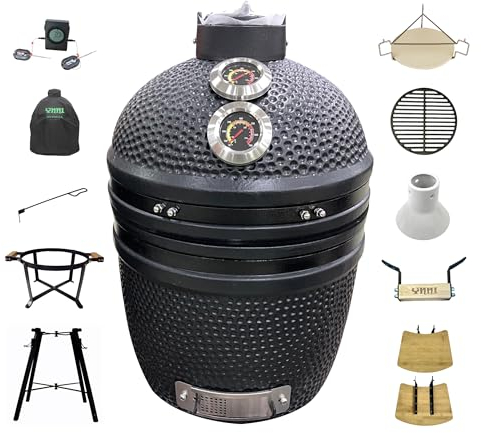 YNNI KAMADO TQTT15MBN - Kamado de pie de 15.7 pulgadas con carrito y mesas auxiliares, parrilla, negro mate, barbacoa, cerámica, huevo, ahumador, paquete con extras TQTT15MBN