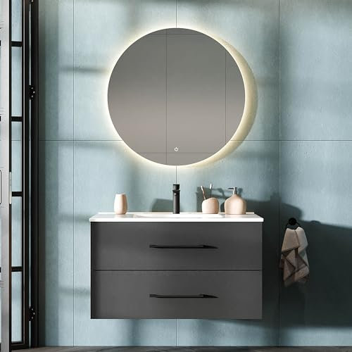 Planetmöbel LUX Badmöbel Set Waschtisch mit Waschbecken 90 cm, Spiegel mit Beleuchtung rund 80 cm (Touch-Funktion), Gold Eiche/Anthrazit