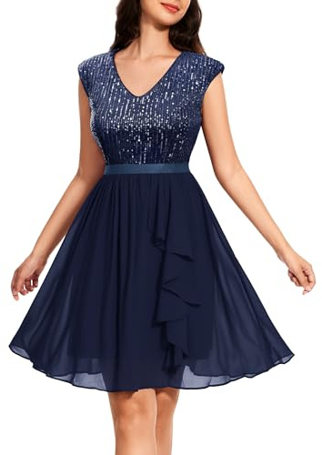 Wedtrend Damen Paillettenkleid Glitzernde Cocktailkleider mit Ärmeln Glitzer Partykleid Kurz Ballkleider für Teenager, Marineblau, Groß