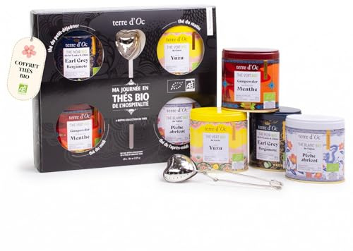 Terre d'Oc - Coffret 4 Thés Bio Ma Journée en Thé + 1 Cuillère Filtre à Thé - Thés Verts, Noirs & Blancs en Vrac - Idée Cadeau Homme et Femme - 65g