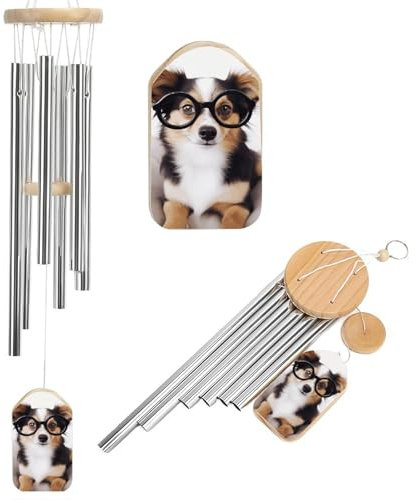 Windspiel mit süßem Hund mit Brille, für draußen, beruhigende melodische Töne, Windspiel, Gedenk-Windspiel mit Windfänger, Hängedekoration für Zuhause, Outdoor, Garten, Terrasse