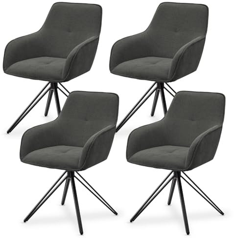 Juskys Drehstuhl Clyde mit Armlehne 4er Set - Esszimmerstuhl modern mit Stoff Bezug - Polsterstuhl Esszimmer - 120 kg belastbar - Stuhl Cord Hellgrau