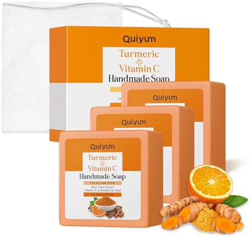 QUIYUM Savon Curcuma et Vitamine C Lot de 3, Nettoyant Visage et Corps, Anti-Taches, Équilibrant et Purifiant, Convient à Tous Types de Peau