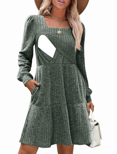 CzzzyL Damen-Stillkleid, Herbstkleid, quadratischer Ausschnitt, langärmelig, Winter-Babydoll-Kleid mit Taschen, Tiefgrün, Mittel