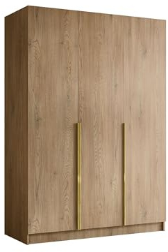 Mirjan24 Kleiderschrank Cikzori I mit 3 Türen (Eiche Cremona + Gold) | Drehtürenschrank mit Kleiderstange, geräumigen Innenfächern und Soft-Close-Scharnieren, B/H/T: 150/215/58 cm