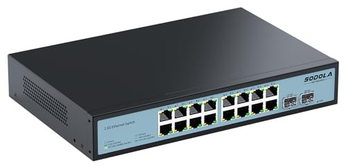 SODOLA Switch Ethernet 2.5Gbps Non géré 2.5 Gbps 18 Ports, 16 Ports 2,5GBASE-T, 2 Ports 10G SFP+, capacité de Commutation de 120 Gbps, montable en Rack 1U, sans Ventilateur, Plug and Play
