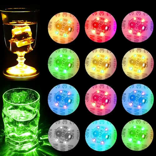 YOUYIKE 12 pcs LED-Untersetzer, LED Sticker Stimmungslichter, Bunt LED Untersetzer, Leuchtuntersetzer Rund, 3 Lumineszenz, für Party Hochzeiten Untersetzer Bar Geburtstage Leuchtende Gläser