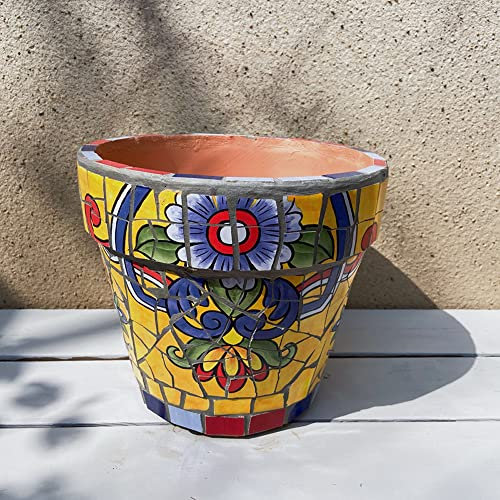 Maceta de cerámica Coloreada, Grande, esmaltada, con platillo, Redonda, de Terracota, Pintada a Mano, para bonsái, para jardín, Exterior, con diseño de Mosaico.