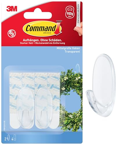 Command Klebehaken, 2 Haken, 4 Klebestreifen, Transparent, selbstklebend - Haken für Wand, Türhaken, Aufhängen ohne Bohren, Hält 900g