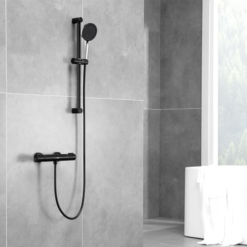 Auralum Kit complet de douche avec thermostat, douche à effet pluie, douchette à 4 fonctions, barre de douche réglable en hauteur et tuyau de douche de 150 cm, noir