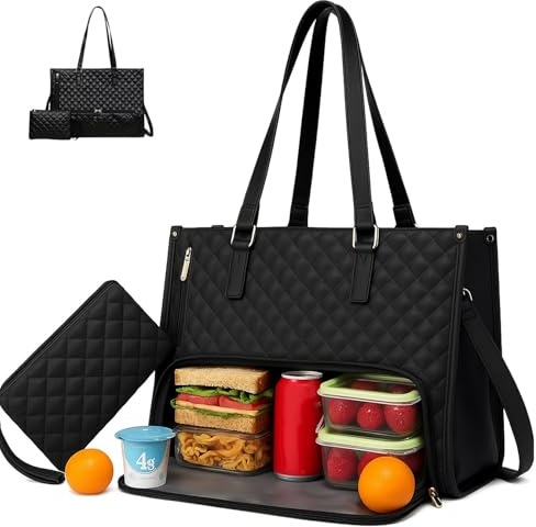 Bolsa de almuerzo 2 en 1 para mujer, combo de bolsas de almuerzo 2 en 1, bolso para laptop de 15.6 pulgadas con compartimento aislado a prueba de fugas, elegante bolsa de trabajo y viaje para oficina