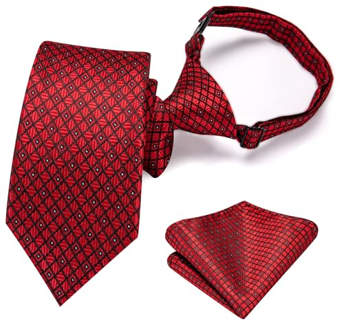 Hi-Tie Juego de corbata de seda para niños de 8 a 11 años, corbata preatada para niño, color azul, rojo, verde, juego de corbata y pañuelo de bolsillo para boda, rosso, M