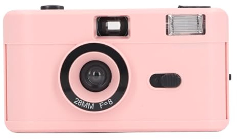 Fockety 35mm Film Camera, 28MM F/8 Lens 1/120s Shutter Speed Reusable Vintage Camera with Flash, Wrist Strap, Lightweight Retro Half Frame for Gift (Pink)