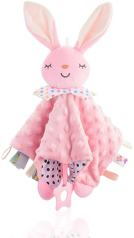 GOZINA Baby Comforter with Rattle and Teether – Soft Baby Blanket with Hanging Strap, Safe Plush Material, Newborn Essentials, (Bunny)