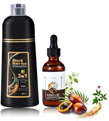 Shampoing Cheveux Colorés Noirs, 500ml Shampooing de Coloration Instantanée + 50ml d'Huile Capillaire, Kit de Coloration de Longue Tenue et de Soins Capillaires pour Hommes/Femmes